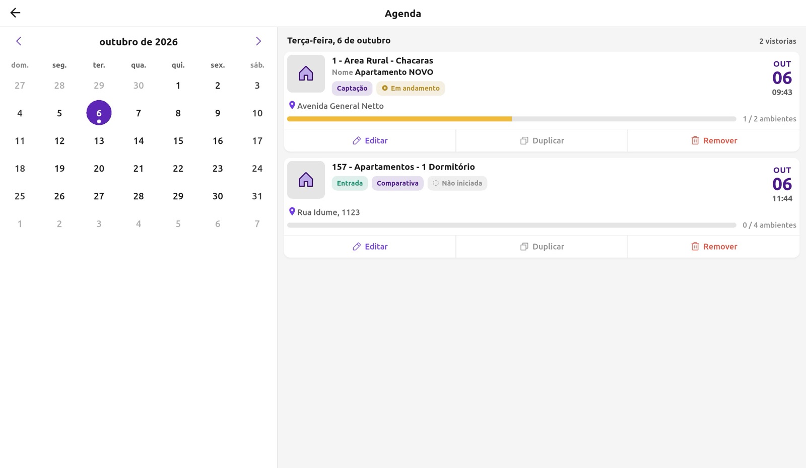 Agenda de vistorias no tablet