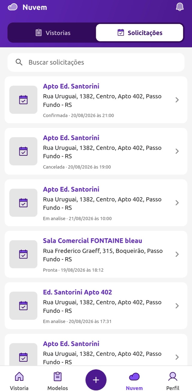 Lista de solicitações de vistoria