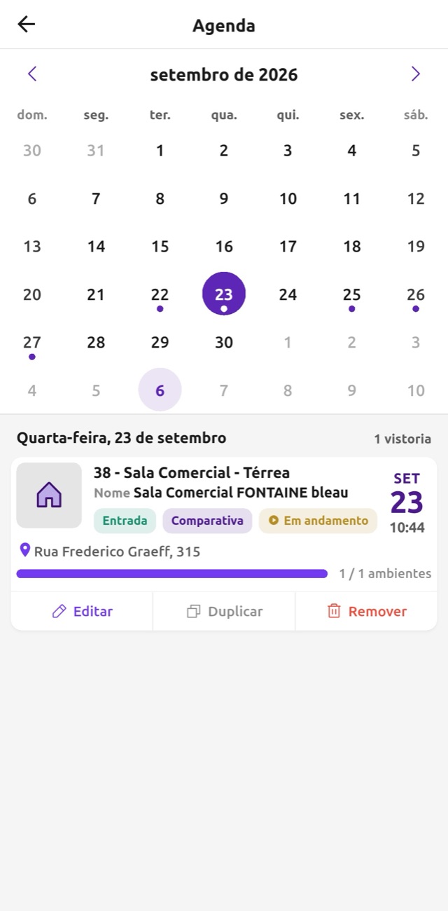 Agenda com calendário de vistorias