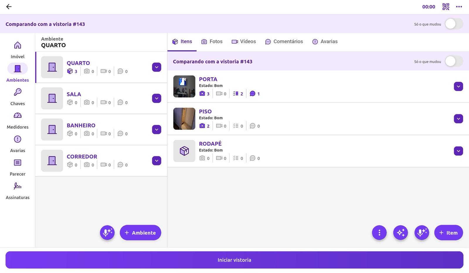 Ambientes e itens lado a lado no tablet, comparando com a vistoria anterior