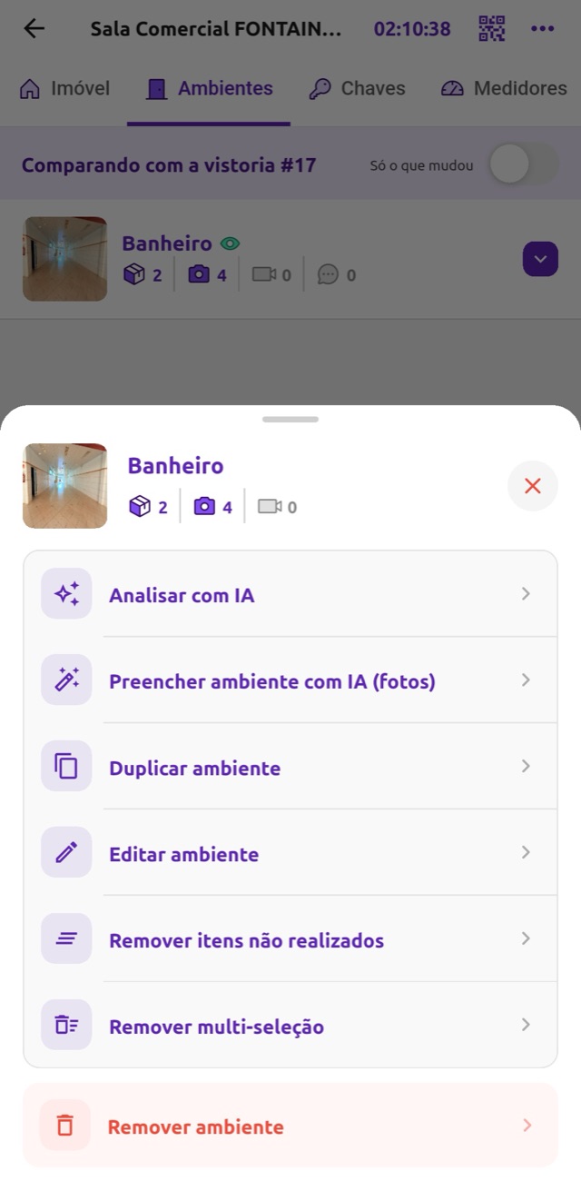 Menu com ações de IA no ambiente